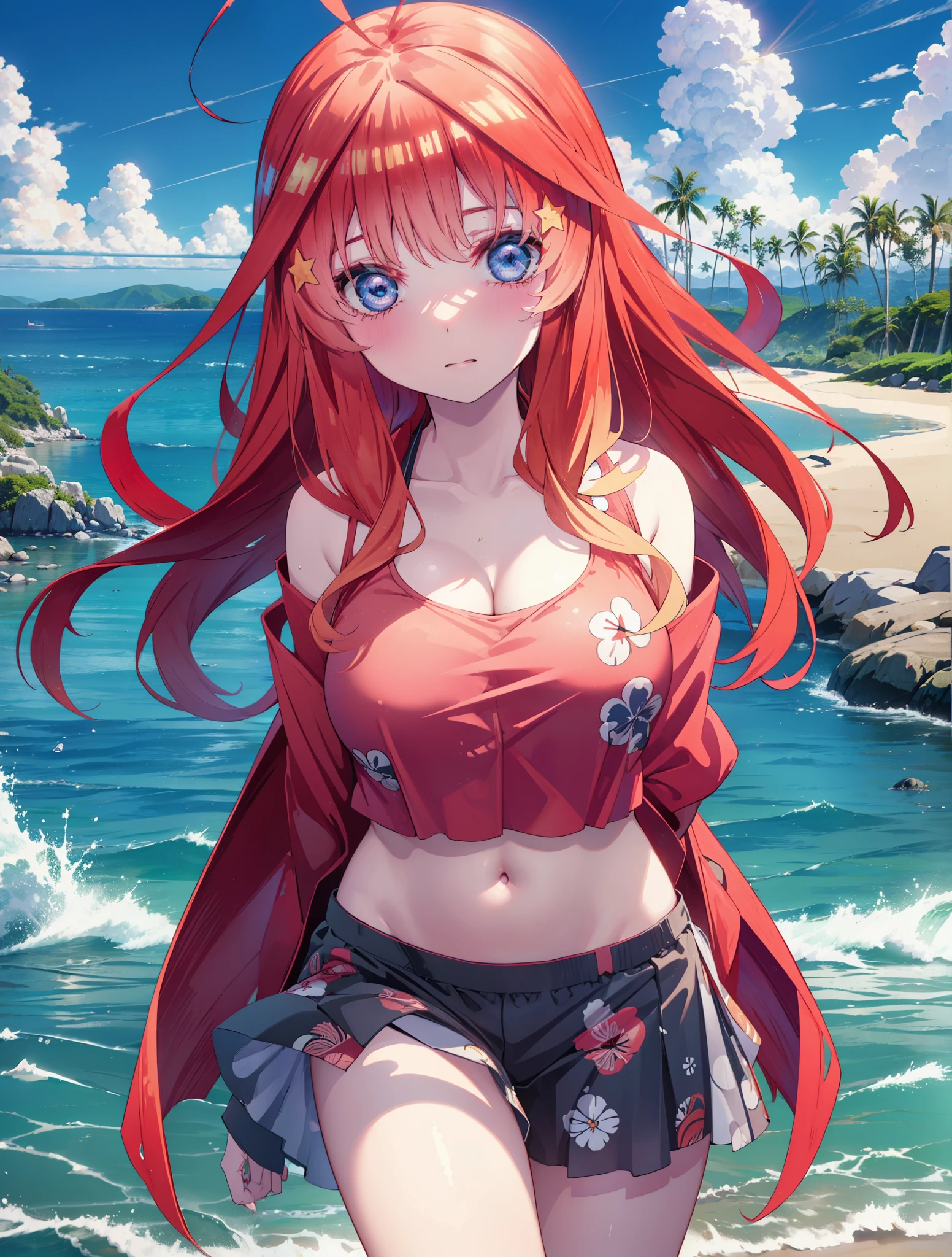 itsukinakano, Itsuki Nakano, bangs, blue eyes, Hair between the eyes, Ahoge, Redhead, star \(symbol\), hair ornaments, star hair ornaments,Big straw hat,Red Bikini,Bare Belly, (Beach salon),  (Beautiful big breasts:1.3), ((salon)), Beach outfit,real summer,Palm tree,
break outdoors, Beach,
break looking at viewer, (Cowboy Shot:1.5),
break (masterpiece:1.2), highest quality, High resolution, unity 8k wallpaper, (shape:0.8), (Beautiful and beautiful eyes:1.6), Highly detailed face, Perfect lighting, Highly detailed CG, (Perfect hands, Perfect Anatomy),