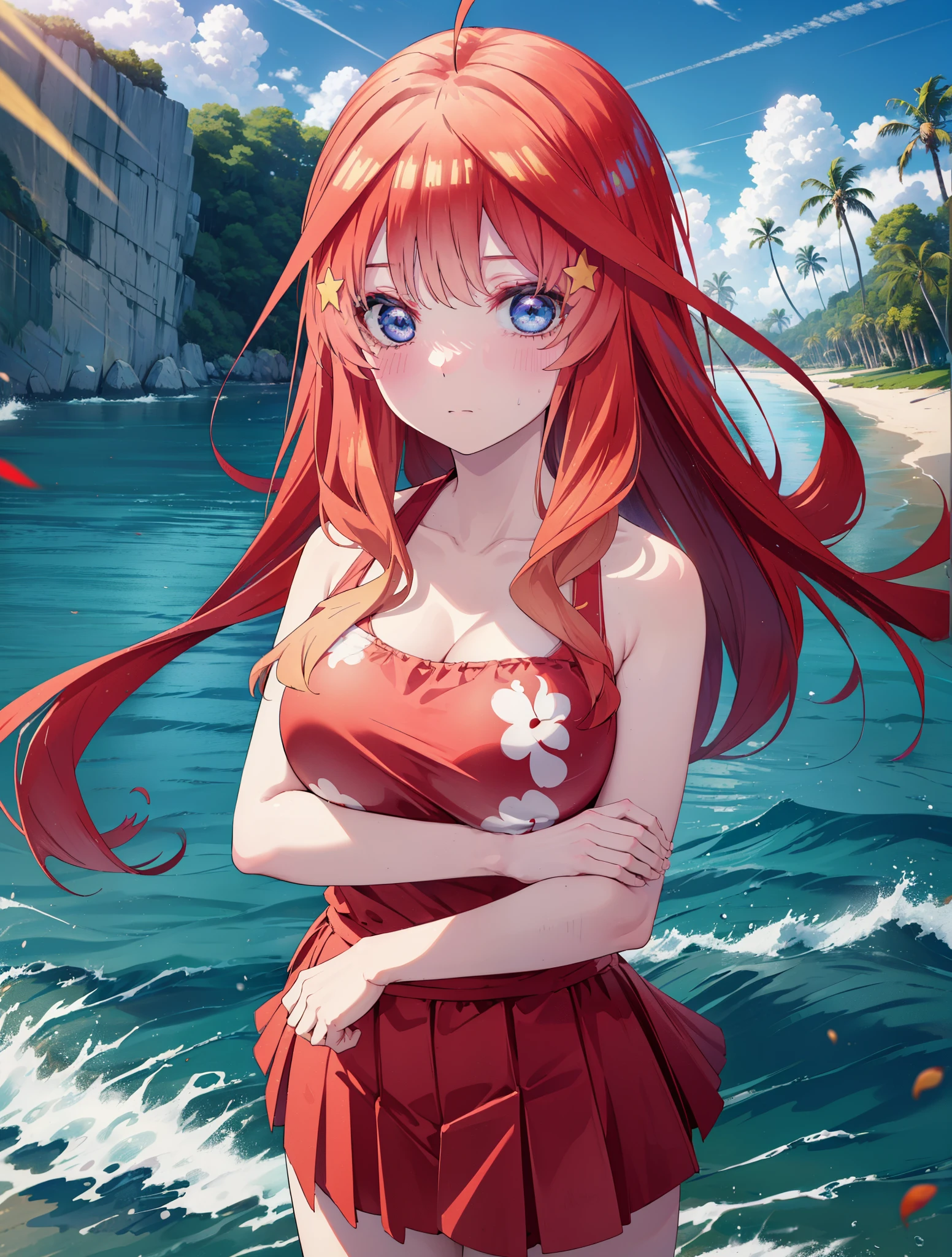 itsukinakano, Itsuki Nakano, bangs, blue eyes, Hair between the eyes, Ahoge, Redhead, star \(symbol\), hair ornaments, star hair ornaments,Big straw hat,Red Bikini,Bare Belly, (Beach salon), (Beautiful big breasts:1.3), ((salon)), Beach outfit,real summer,Palm tree,
break outdoors, Beach,
break looking at viewer, (Cowboy Shot:1.5),
break (masterpiece:1.2), highest quality, High resolution, unity 8k wallpaper, (shape:0.8), (Beautiful and beautiful eyes:1.6), Highly detailed face, Perfect lighting, Highly detailed CG, (Perfect hands, Perfect Anatomy),