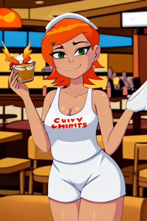 Curvy waitress in a white tank top and orange shorts serving hot wings in a restaurant