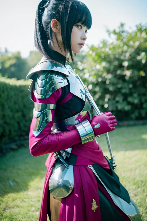 ayaka genshin impact, From Arknights, Chrome's Outfit, Silver ice-colored reflective armor, ayaka game genshin impact, shiny silver armor, Silver eyes full body, full character, Aether and Mecha Theme, main character, White and red armor