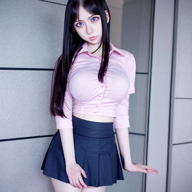 Clearly a woman, 20-year-old, Wearing a uniform, Dark blue skirt, mini skirt, Wear a shirt, anime, anime movie, Ahegao, Pale pink eyes, Long black hair, Big Breasts
