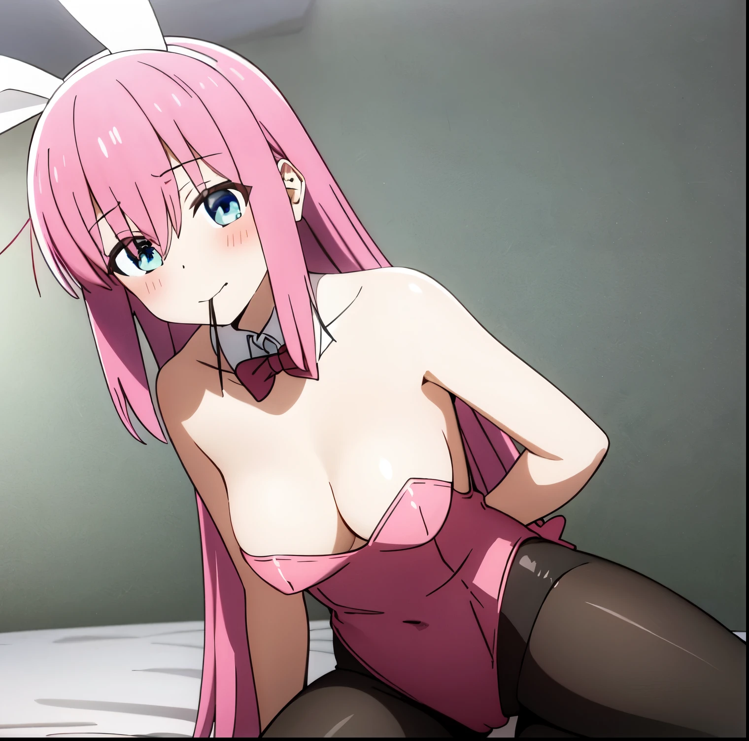 gotoh hitori, 1 girl, alone, long hair, looking at viewer, blush, blue eyes, big breasts, medium waist, medium hips, medium thighs, simple background, hair between eyes, room, bedroom, sitting on bed, mouth closed , pink hair, pink playboy bunny outfit, pink headband, bunny ears, black pantyhose, embarrassed, sexy pose, shy, one side up, hand on chest, cube hair ornament, perfect hands, perfect anatomy