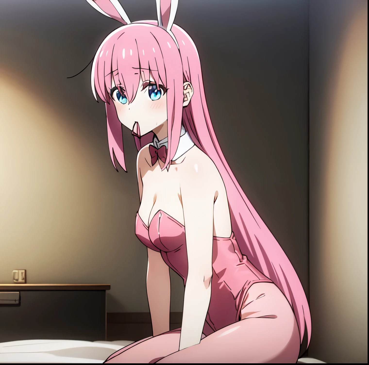 gotoh hitori, 1 girl, alone, long hair, looking at viewer, blush, blue eyes, big breasts, medium waist, medium hips, medium thighs, simple background, hair between eyes, room, bedroom, sitting on bed, mouth closed , pink hair, pink playboy bunny outfit, pink headband, bunny ears, black pantyhose, embarrassed, sexy pose, shy, one side up, hand on chest, cube hair ornament, perfect hands, perfect anatomy