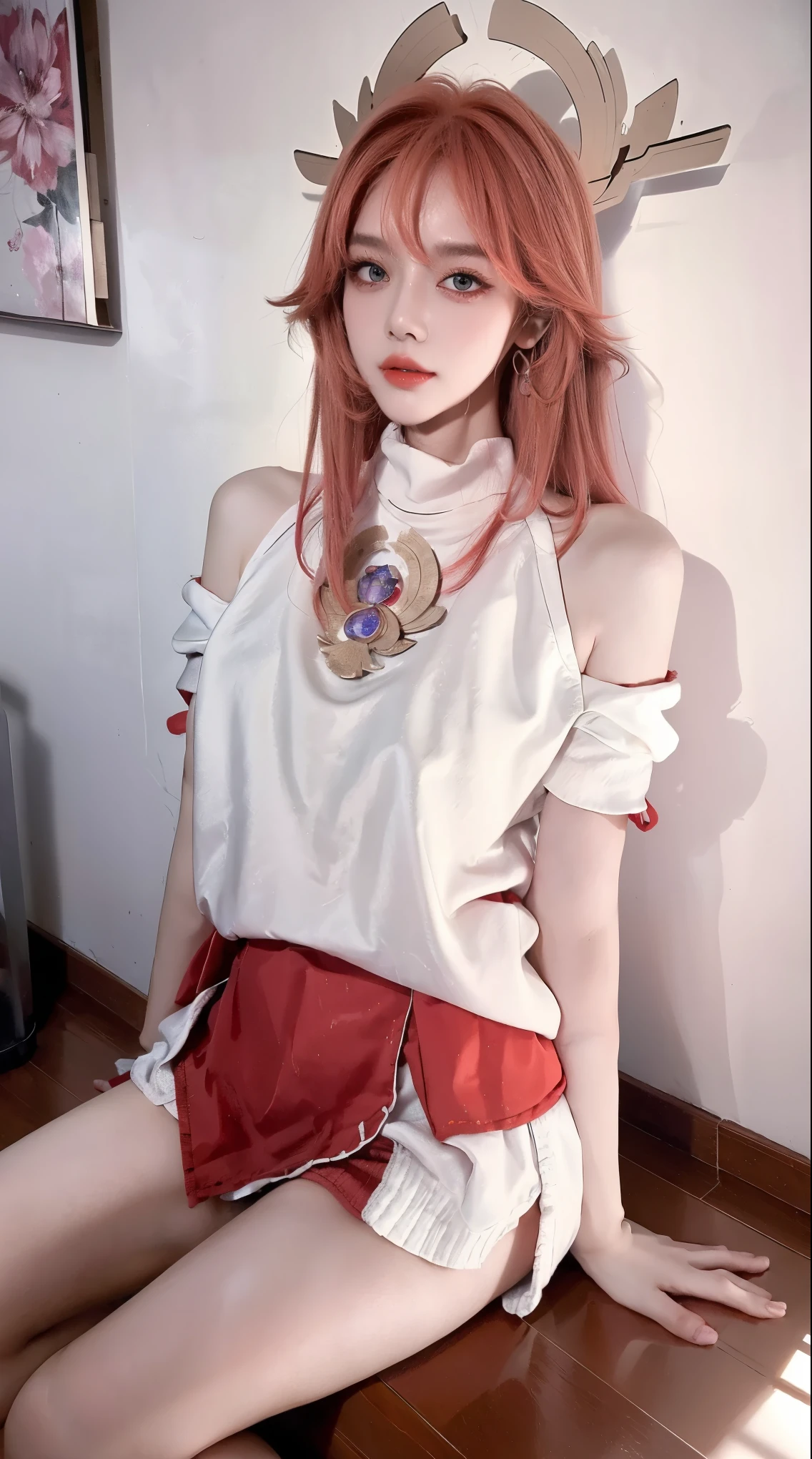 ((best quality)), ((masterpiece)), (detailed), perfect face, pretty face, beautiful female, beautiful body, perfect body, head accessories, at the park, short sleeve sweater, mini skirt, at the apartment room, living room
