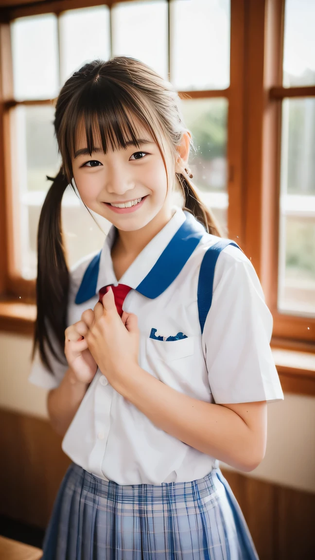 Lens 135mm f1.8, (highest quality),(RAW photo), , (Beautiful 15 year old Japanese girl), cute face, (deeply carved face:0.7), (freckles:0.6), , (japanese school uniform), (inside the school in the classroom), shy, twintails, (cowboy shots of:1.2), (embarrassed smile),, (sparkling eyes)、hands on own chest, , standing, ,