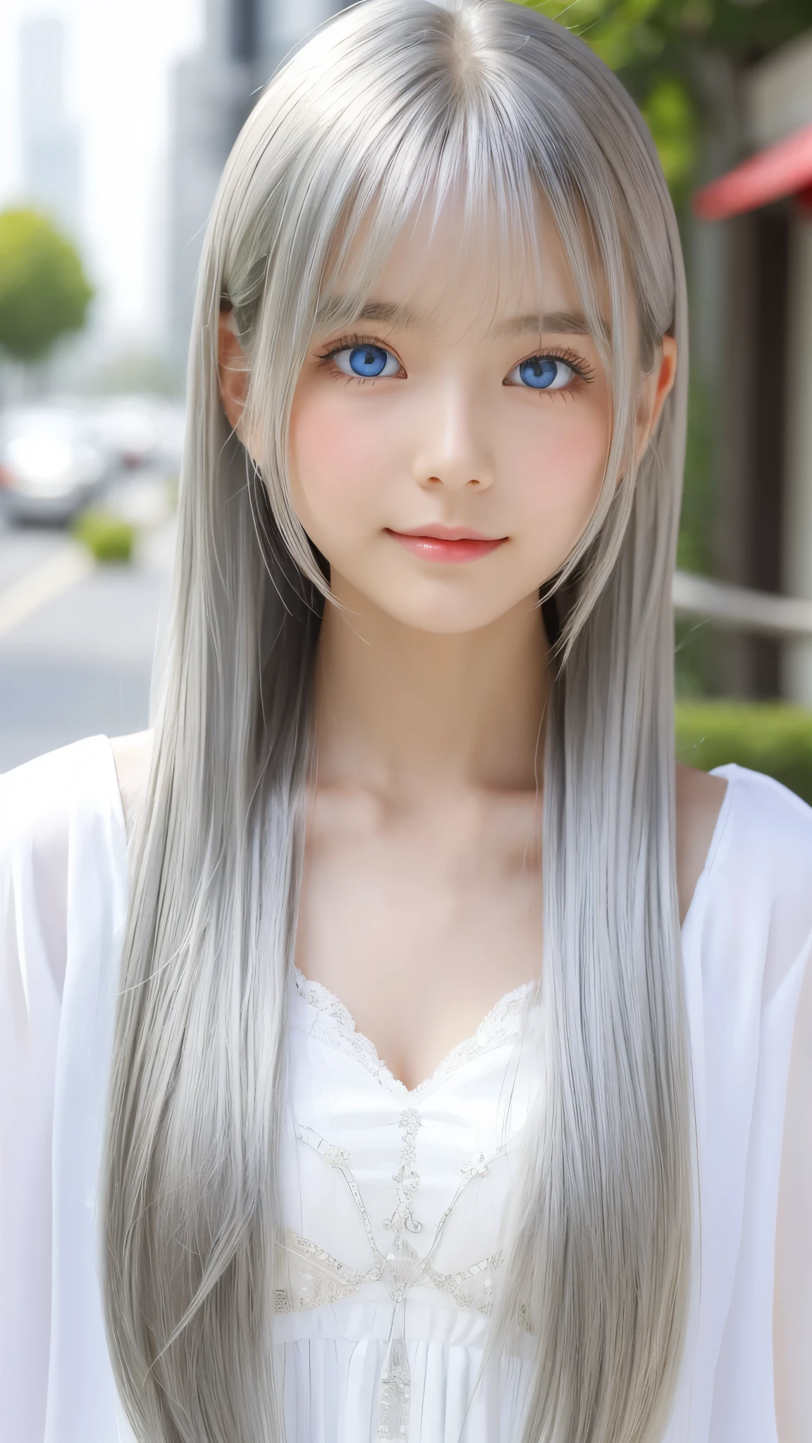 Shining, clear, white skin、Her windblown silver hair hides her beautiful face.、huge、28 years old cute sexy little beautiful face、Beautiful straight hair that stands out、growing up, Sparkling light blue eyes、long silky bangs that cover cute eyes, Sexy and cute young woman with super long hair hiding her sexy face、Shining silver hair