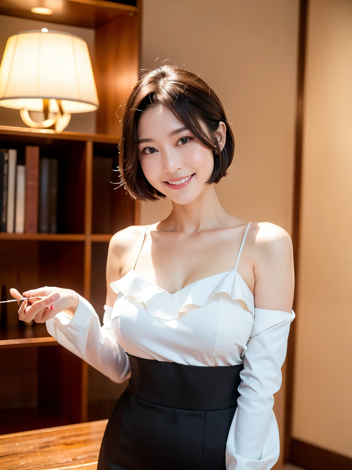 (highest quality, 8k, 32k, masterpiece, Ultra-high resolution:1.2),Beautiful Japanese Women Photos, (Standard body type)、(D cup breasts:1.4), Very short bob hair,Full body photo,(Black formal ruffle blouse:1.4),(Pearl Necklace:1.4), (The war room with a large bookshelf in the background:1.3), (She is looking at the audience:1.2)、(A kind smile:1.3)、