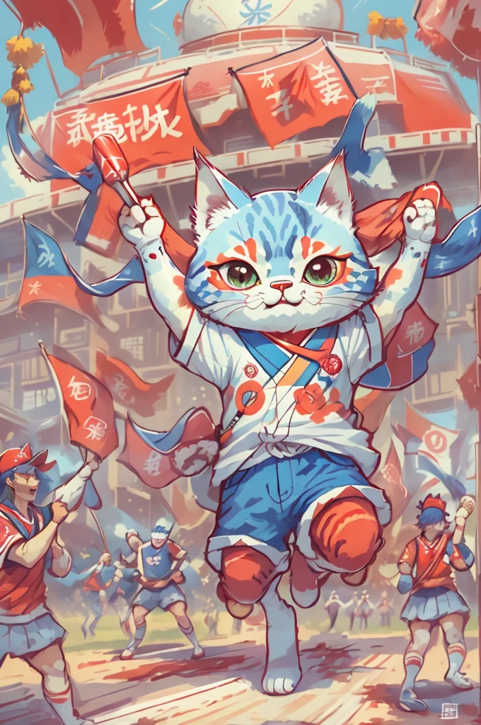 «Pafu-chan, yokai cat, supporting Lotte's Marines” (Main Theme) Pafu-chan, cute yokai cat, shown in a joyful and energetic pose, wearing a cheerleader suit with the Lotte Marines team logo. Pafu-chan has a playful expression, and he's holding a pompom in one hand, while the other hand is raised high in the air, showing support for the Lotte Marines baseball team. (Material) The artistic design is made in a bright and dynamic illustrative style, with bold lines and vibrant colors, reminiscent of Japanese manga and anime. The overall composition is visually appealing, and Pafu-chan is the center of the image. (additional information) The background of the painting shows a baseball stadium, filled with enthusiastic fans, cheering and waving flags in support of Lotte Marines. The atmosphere is lively and filled with excitement. Pafu-chan окружена группой очаровательных поклонников кошачьих ёкаев, each showing its own unique characteristics and costumes. (image quality) The image is created with maximum attention to detail and accuracy, the result is a work of art with high resolution and high detail. Colors are bright and rich, with a wide range of tones and shades. The artwork also has realistic shadows and highlights, giving it a three-dimensional appearance. (art style) The work is inspired by the “kawaii” concept (cuteness) and combines it with the spirit of sports and team support. It combines elements of Japanese folklore and pop culture, создавая уникальный и привлекательный art style. (color toning) The color palette of the works is predominantly bright and energetic, with a focus on Lotte Marines team colors, that include shades of blue, white and red. Colors are used to convey a sense of enthusiasm and team spirit. (light) The general lighting of the artwork is bright and evenly distributed, with a focus on Pafu-chan and fans, reinforcing