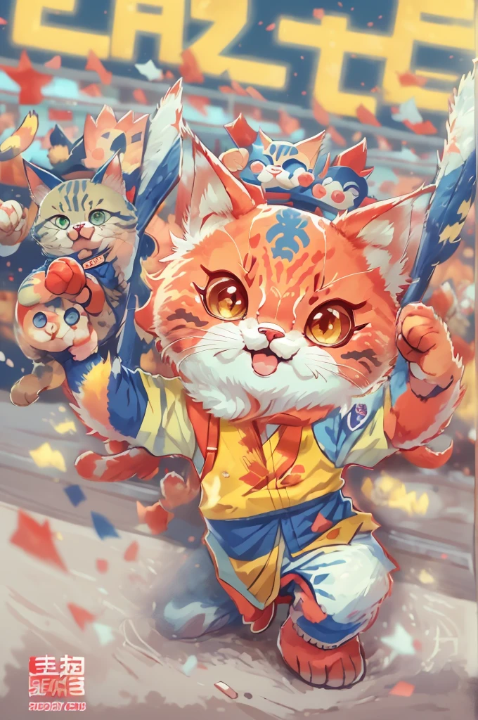 «Pafu-chan, yokai cat, supporting Lotte's Marines” (Main Theme) Pafu-chan, cute yokai cat, shown in a joyful and energetic pose, wearing a cheerleader suit with the Lotte Marines team logo. Pafu-chan has a playful expression, and he's holding a pompom in one hand, while the other hand is raised high in the air, showing support for the Lotte Marines baseball team. (Material) The artistic design is made in a bright and dynamic illustrative style, with bold lines and vibrant colors, reminiscent of Japanese manga and anime. The overall composition is visually appealing, and Pafu-chan is the center of the image. (additional information) The background of the painting shows a baseball stadium, filled with enthusiastic fans, cheering and waving flags in support of Lotte Marines. The atmosphere is lively and filled with excitement. Pafu-chan окружена группой очаровательных поклонников кошачьих ёкаев, each showing its own unique characteristics and costumes. (image quality) The image is created with maximum attention to detail and accuracy, the result is a work of art with high resolution and high detail. Colors are bright and rich, with a wide range of tones and shades. The artwork also has realistic shadows and highlights, giving it a three-dimensional appearance. (art style) The work is inspired by the “kawaii” concept (cuteness) and combines it with the spirit of sports and team support. It combines elements of Japanese folklore and pop culture, создавая уникальный и привлекательный art style. (color toning) The color palette of the works is predominantly bright and energetic, with a focus on Lotte Marines team colors, that include shades of blue, white and red. Colors are used to convey a sense of enthusiasm and team spirit. (light) The general lighting of the artwork is bright and evenly distributed, with a focus on Pafu-chan and fans, reinforcing