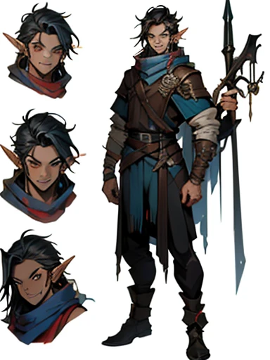 Concept ART, Human Male Young ager , pointer Elf ears,face Tattoo , blue pupils  ,Black hair , red Torn Scarf , Bandage ,Ancient dark magic , Handsome guy , poses