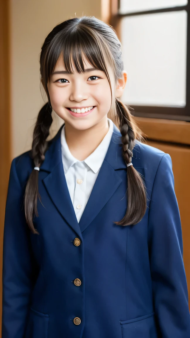 Lens 135mm f1.8, (highest quality),(RAW photo), , (Beautiful 15 year old Japanese girl), cute face, (deeply carved face:0.7), (freckles:0.6), , (japanese school uniform), (inside the school in the classroom), shy, twintails, (cowboy shots of:1.2), (embarrassed smile),, (sparkling eyes)、hand on own chest, , standing, ,