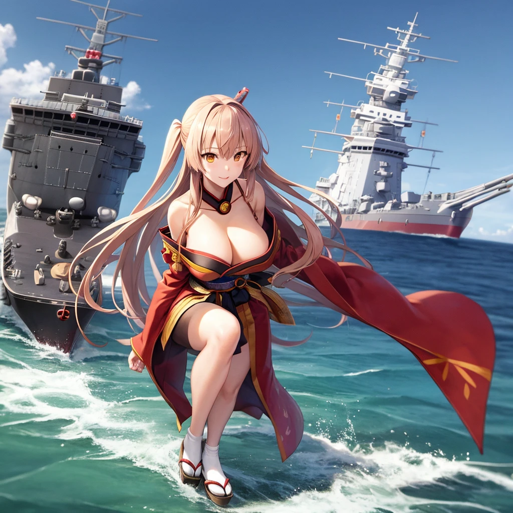 battleship Yamato as an anime girl, wearing kimono, with ships nearby