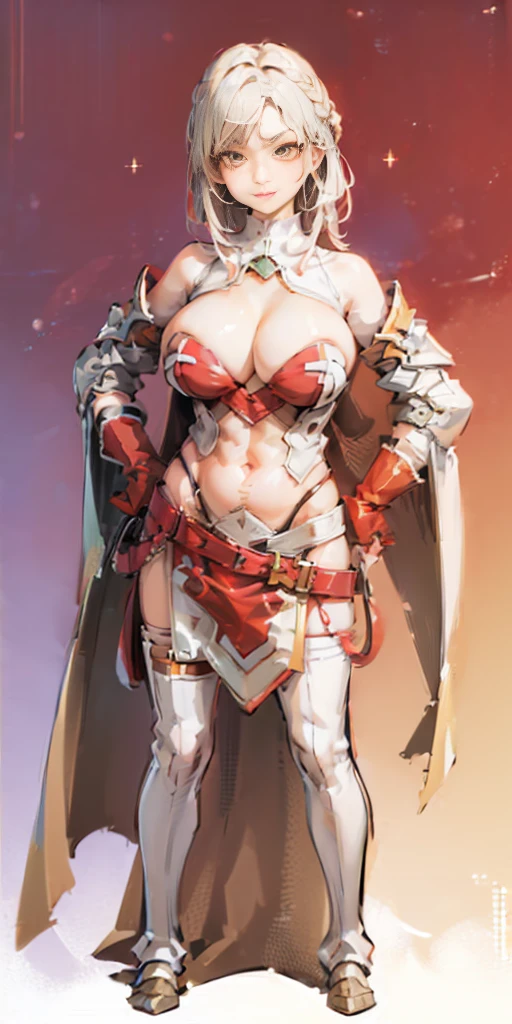(((Plain background 1:2))) (masterpiece, high quality: 1.1) 1girl full body standing, hairstyle with a braid, white colored hair, yellow eyes, perfect lighting, muscular, thighs, mature woman, mummy, bellybutton, abs, looks at the viewer smile RED CHEEKS, extremely huge breasts, maternal, porcelain skin, extra very long hair, sparkly skin, good face, chest cover, HANDS ON HIPS