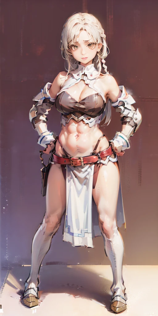 (((Plain background 1:2))) (masterpiece, high quality: 1.1) 1girl full body standing, hairstyle with a braid, white colored hair, yellow eyes, perfect lighting, muscular, thighs, mature woman, mummy, bellybutton, abs, looks at the viewer smile RED CHEEKS, extremely huge breasts, maternal, porcelain skin, extra very long hair, sparkly skin, good face, chest cover, HANDS ON HIPS