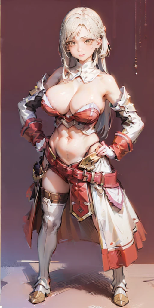 (((Plain background 1:2))) (masterpiece, high quality: 1.1) 1girl full body standing, hairstyle with a braid, white colored hair, yellow eyes, perfect lighting, muscular, thighs, mature woman, mummy, bellybutton, abs, looks at the viewer smile RED CHEEKS, extremely huge breasts, maternal, porcelain skin, extra very long hair, sparkly skin, good face, chest cover, HANDS ON HIPS