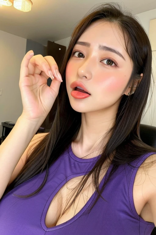 1girl,1man,(tareme:1.5),(beautiful face),huge breasts,(cute japanese idol),light makeup,happy,straight hair,tongue,sweaty,(look at viewer),tanktop