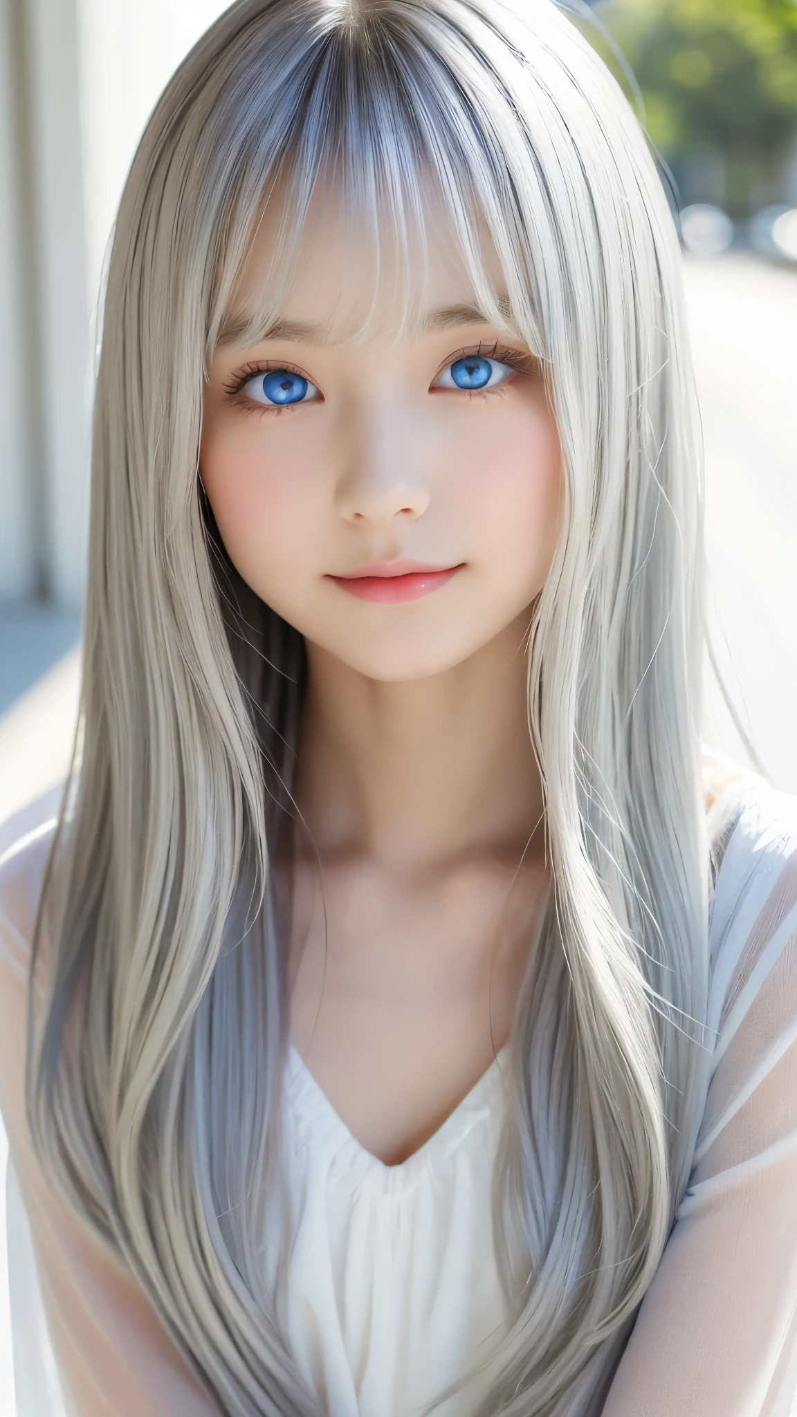 Shining, clear, white skin、Her windblown silver hair hides her beautiful face.、huge、28 years old cute sexy little beautiful face、Beautiful straight hair that stands out、growing up, Sparkling light blue eyes、long silky bangs that cover cute eyes, Sexy and cute young woman with super long hair hiding her sexy face、Shining silver hair