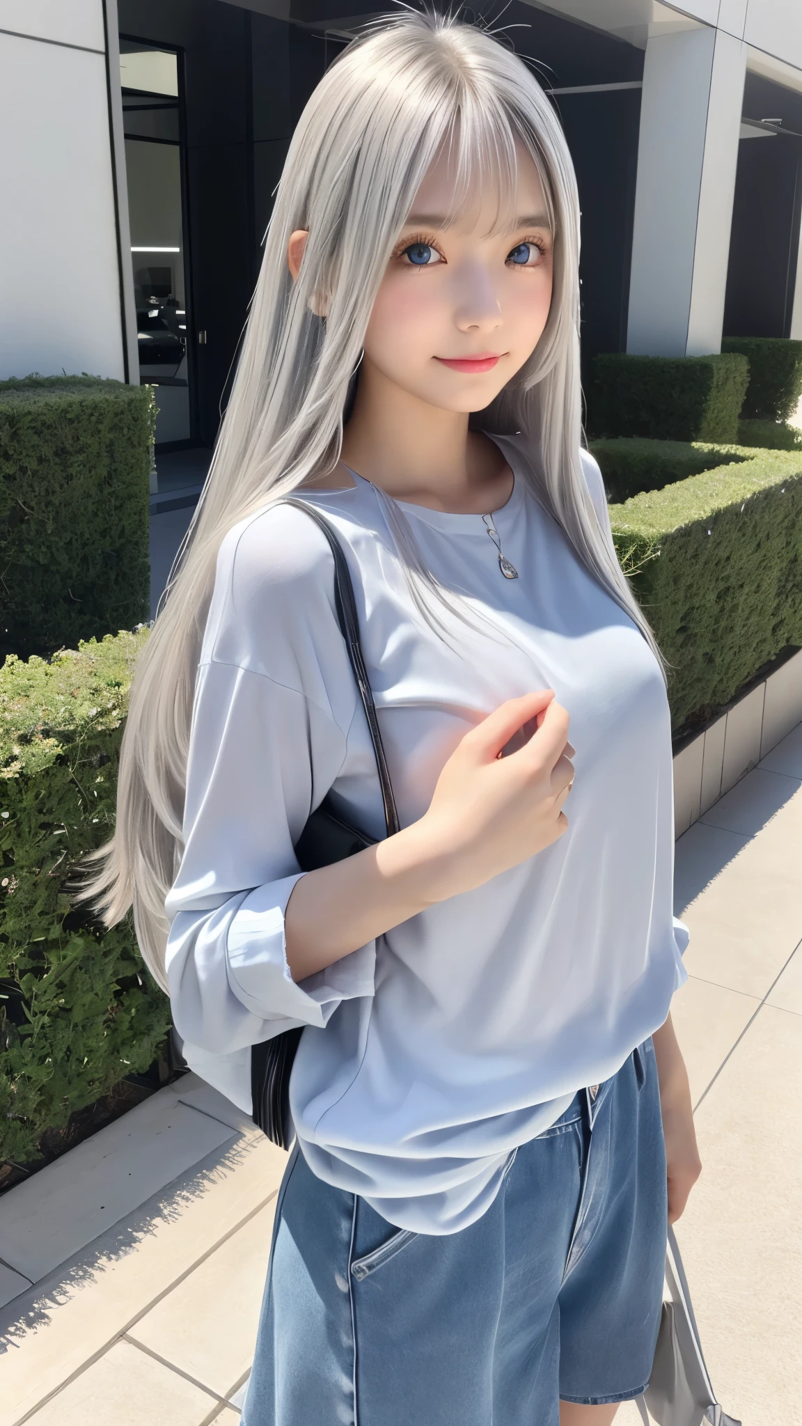 Shining, clear, white skin、Her windblown silver hair hides her beautiful face.、huge、28 years old cute sexy little beautiful face、Beautiful straight hair that stands out、growing up, Sparkling light blue eyes、long silky bangs that cover cute eyes, Sexy and cute young woman with super long hair hiding her sexy face、Shining silver hair