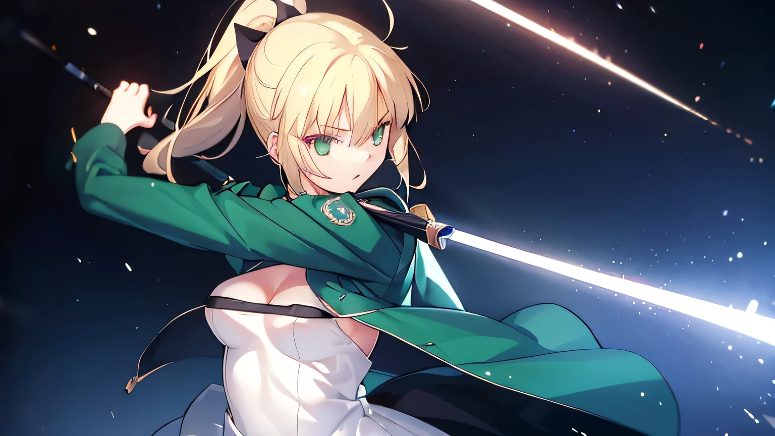 Fighting,1girl,ars old, hairstyle ponytail, mahouka_uniform, green jacket, cropped jacket, open jacket, black necktie, white dress, collared dress, long dress, standing , fightingface, parted lips, holding sword,whole body, (action pose: 1.4), dynamic angle, masterpiece, best quality, cute, amazing, ultra-detailed, extremely detailed, extremely detailed CG 8k, beautiful detailed, green eyes, big breasts, blonde hair, battle scene,alone,
