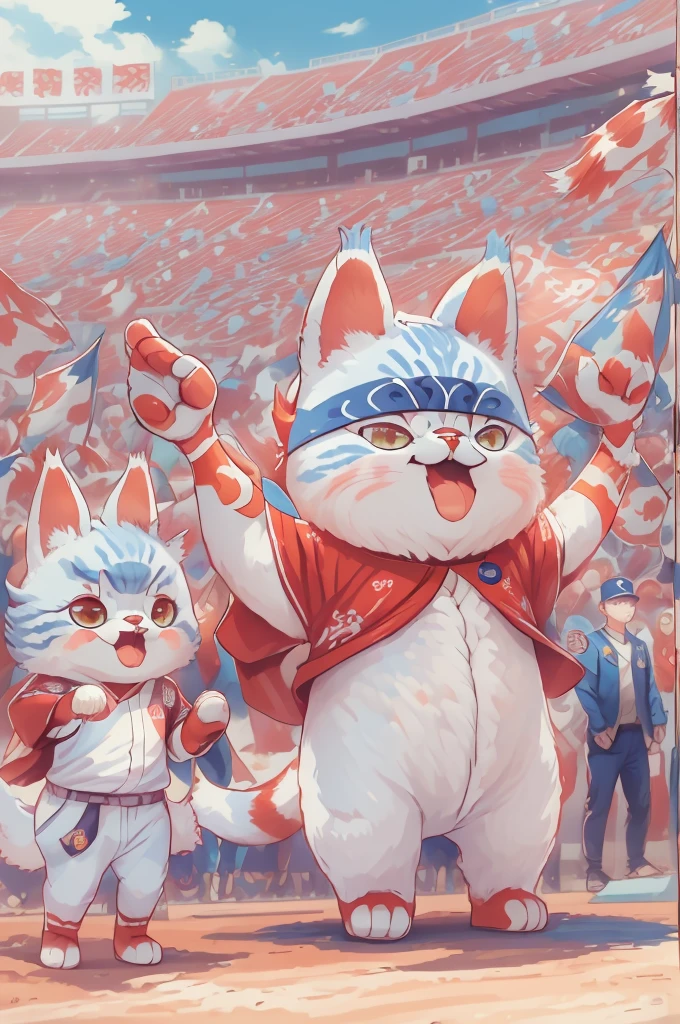 «Pafu-chan, yokai cat, supporting Lotte's Marines” (Main Theme) Pafu-chan, cute yokai cat, shown in a joyful and energetic pose, wearing a cheerleader suit with the Lotte Marines team logo. Pafu-chan has a playful expression, and he's holding a pompom in one hand, while the other hand is raised high in the air, showing support for the Lotte Marines baseball team. (Material) The artistic design is made in a bright and dynamic illustrative style, with bold lines and vibrant colors, reminiscent of Japanese manga and anime. The overall composition is visually appealing, and Pafu-chan is the center of the image. (additional information) The background of the painting shows a baseball stadium, filled with enthusiastic fans, cheering and waving flags in support of Lotte Marines. The atmosphere is lively and filled with excitement. Pafu-chan окружена группой очаровательных поклонников кошачьих ёкаев, each showing its own unique characteristics and costumes. (image quality) The image is created with maximum attention to detail and accuracy, the result is a work of art with high resolution and high detail. Colors are bright and rich, with a wide range of tones and shades. The artwork also has realistic shadows and highlights, giving it a three-dimensional appearance. (art style) The work is inspired by the “kawaii” concept (cuteness) and combines it with the spirit of sports and team support. It combines elements of Japanese folklore and pop culture, создавая уникальный и привлекательный art style. (color toning) The color palette of the works is predominantly bright and energetic, with a focus on Lotte Marines team colors, that include shades of blue, white and red. Colors are used to convey a sense of enthusiasm and team spirit. (light) The general lighting of the artwork is bright and evenly distributed, with a focus on Pafu-chan and fans, reinforcing