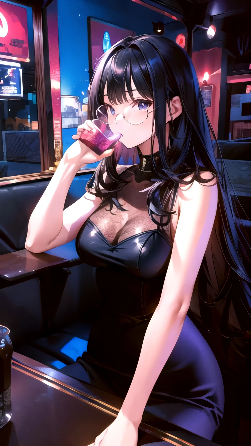 best quality, ultra-detailed, illustration,
sc1, scenery, night, lights, indoors, light, neon lights, couch, table,
1girl, glasses, black hair, long hair, black dress, drinking glass, 
 