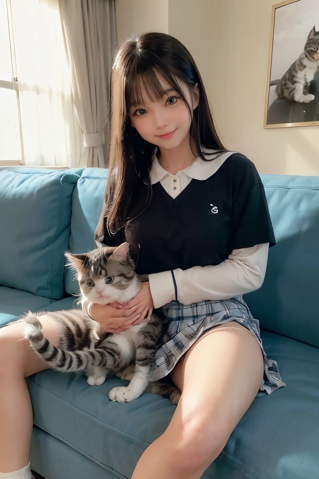 1womanl、(Sitting on the sofa at home and holding a cute cat:1.5)、Smiling、(Cute American shorthair with blue eyes)、(White Persian cat)、(high-school uniform)、(Plaid mini skirt)、brown colored long hair、(bare-legged)