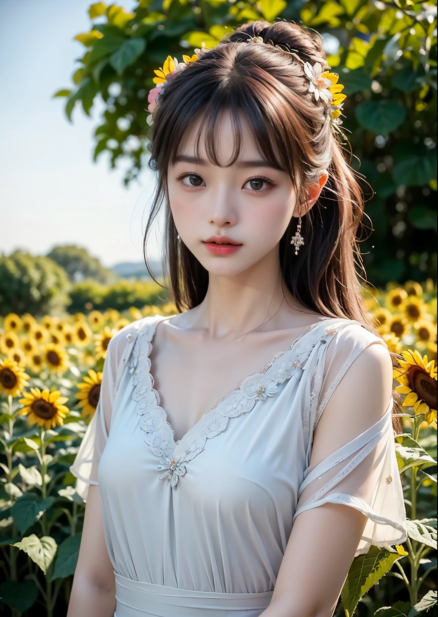Cute 1 Girl、A girl is standing in a sunflower field on a small hill, She is wearing a white dress with a small bust、The blouse is light blue、She is wearing a hair accessory made from hibiscus、I can see light from a farmhouse window in the distance、The star Orion shines in the night sky、Perfect lighting、Sharp focus、High definition、high resolution、High color reproducibility、High resolution、Surreal、Like the picture