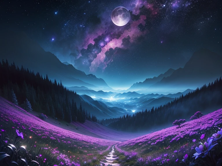 Vast flower field landscape photography, (View from below。The sky and wilderness below。),Shibazakura、 (full moon: 1.2), (shooting star: 0.9), (nebula: 1.3), Distant Mountain, (Warm light source: 1.2), Intricate details, Volumetric lighting,(highest quality), 4K, Very detailed, (moving composition: 1.4), Extremely detailed and colorful, (Shining Lights, Atmospheric lighting), dream-like, Magic