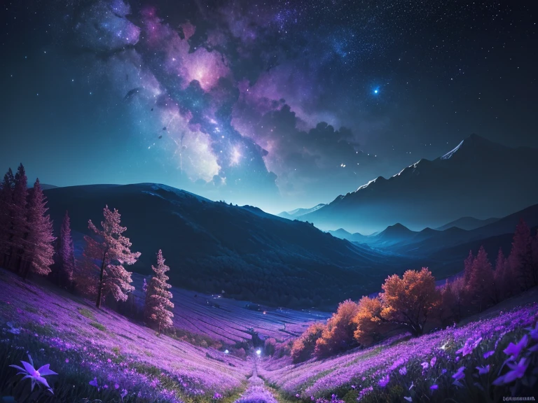 Vast flower field landscape photography, (View from below。The sky and wilderness below。),Shibazakura、 (full moon: 1.2), (shooting star: 0.9), (nebula: 1.3), Distant Mountain, (Warm light source: 1.2),  Intricate details, Volumetric lighting,(highest quality), 4K, Very detailed, (moving composition: 1.4), Extremely detailed and colorful, (Shining Lights, Atmospheric lighting), dream-like, Magic