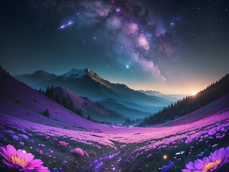 Vast flower field landscape photography, (View from below。The sky and wilderness below。),Shibazakura、 (full moon: 1.2), (shooting star: 0.9), (nebula: 1.3), Distant Mountain, (Warm light source: 1.2), Intricate details, Volumetric lighting,(highest quality), 4K, Very detailed, (moving composition: 1.4), Extremely detailed and colorful, (Shining Lights, Atmospheric lighting), dream-like, Magic