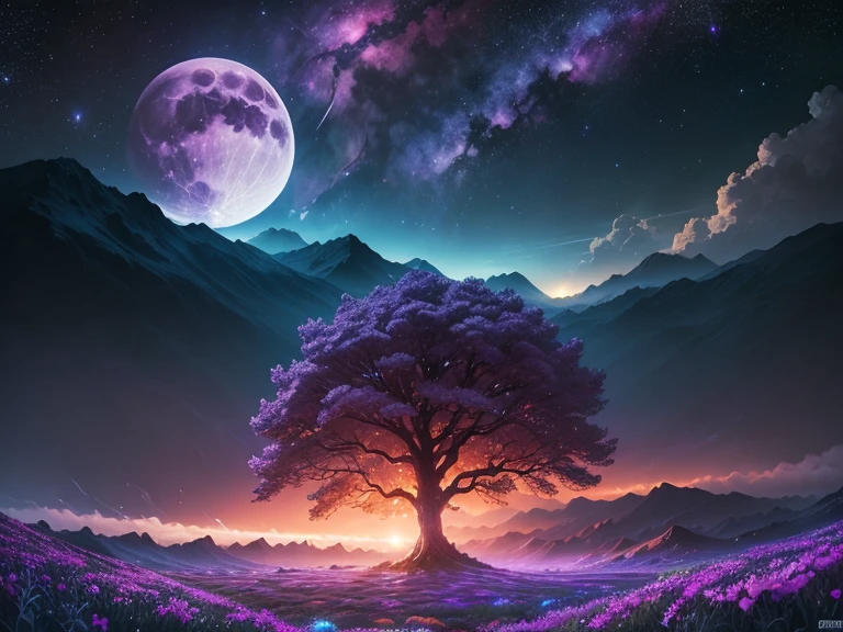 Vast flower field landscape photography, (View from below。The sky and wilderness below。),Shibazakura、 (full moon: 1.2), (shooting star: 0.9), (nebula: 1.3), Distant Mountain, (Warm light source: 1.2),  Intricate details, Volumetric lighting,(highest quality), 4K, Very detailed, (moving composition: 1.4), Extremely detailed and colorful, (Shining Lights, Atmospheric lighting), dream-like, Magic