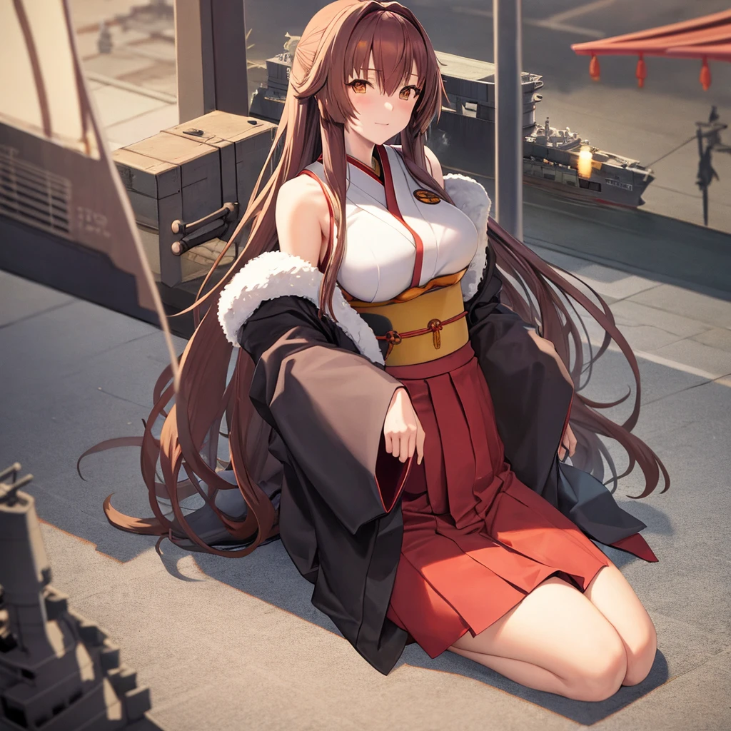 battleship Yamato as an anime girl, wearing kimono, with battleships nearby