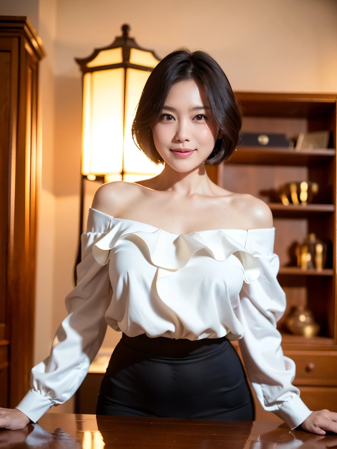 (highest quality, 8k, 32k, masterpiece, Ultra-high resolution:1.2),Beautiful Japanese Women Photos, (Standard body type)、(D cup breasts:1.4), Very short bob hair,Full body photo,(Black formal ruffle blouse:1.4),(Pearl Necklace:1.4), (The war room with a large bookshelf in the background:1.3), (She is looking at the audience:1.2)、(A kind smile:1.3)、