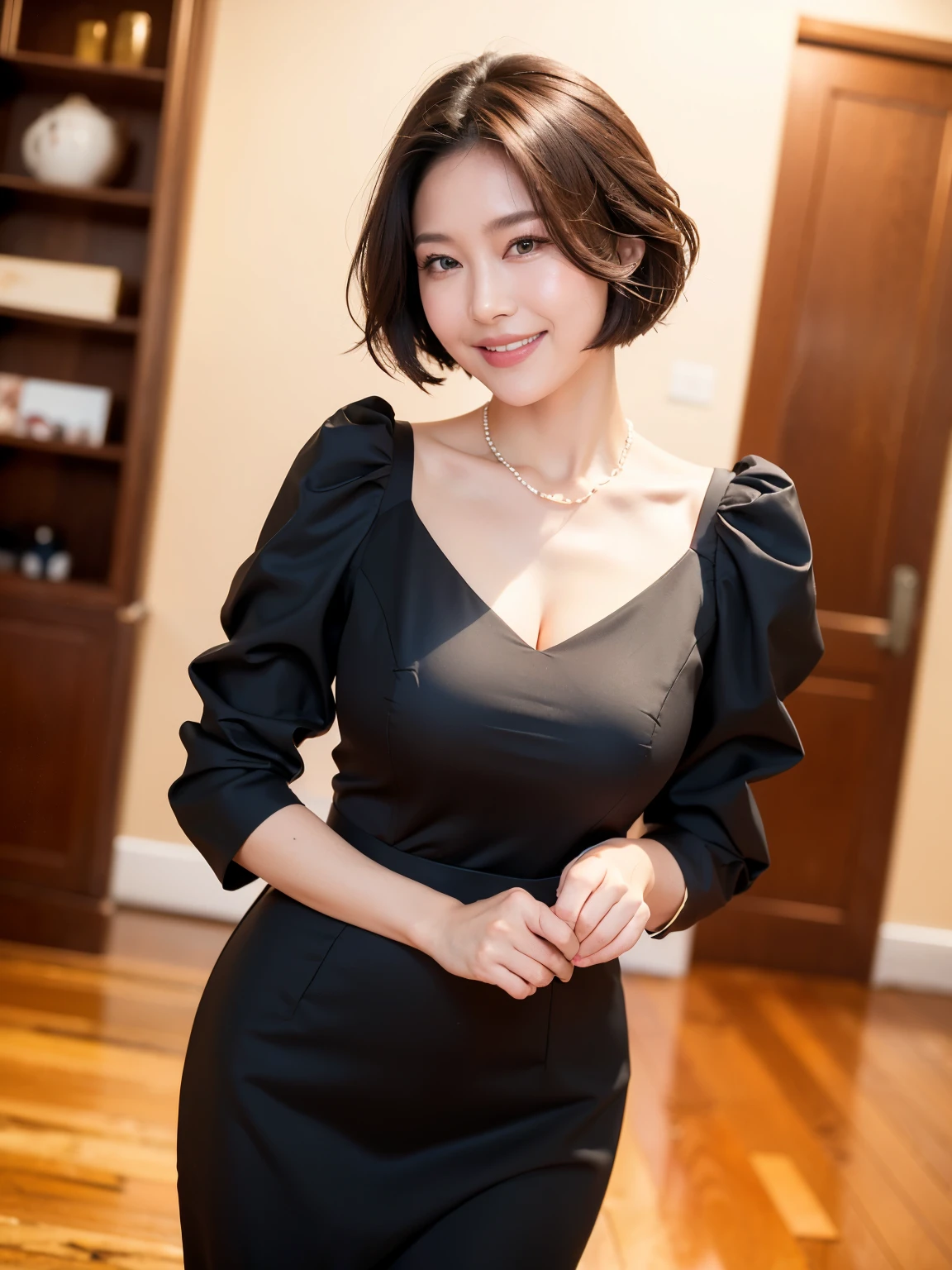 (highest quality, 8k, 32k, masterpiece, Ultra-high resolution:1.2),Beautiful Japanese Women Photos, （Standard body type）、（D cup breasts:1.4), Very short bob hair,Full body photo,（Black formal ruffle blouse：1.4）,（Pearl Necklace:1.4), （The war room with a large bookshelf in the background:1.3), （She is looking at the audience：1.2）、（A kind smile：1.3）、