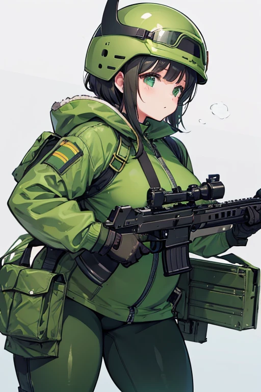 Girl in green bodysuit, chubby, fat, leggings, metal boots, helmet, holding gun, tactical, (1.6: helmet), portrait