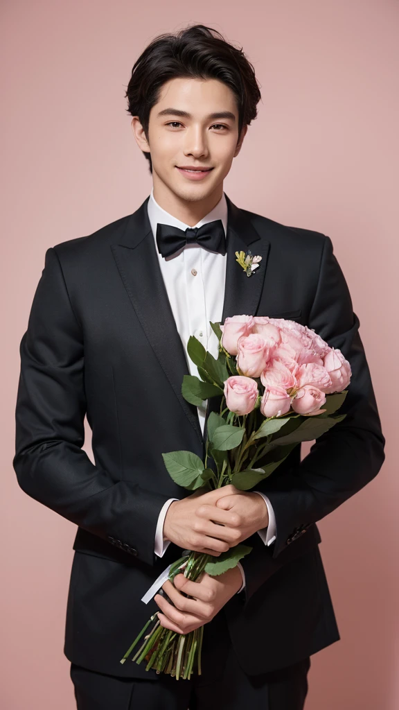 (hlaf body potraid:1.3),front view,cute,smile,Superior Quality, Masterpiece, beautiful hand,Ultra High Resolution,(Photorealistic: 1.4),Portrait of a handsome young man wearing black suit inside pink studio room with lots of flowers, he is holding a bundle of red roses to celetrate valentine's day,valentine style,plain background,front view