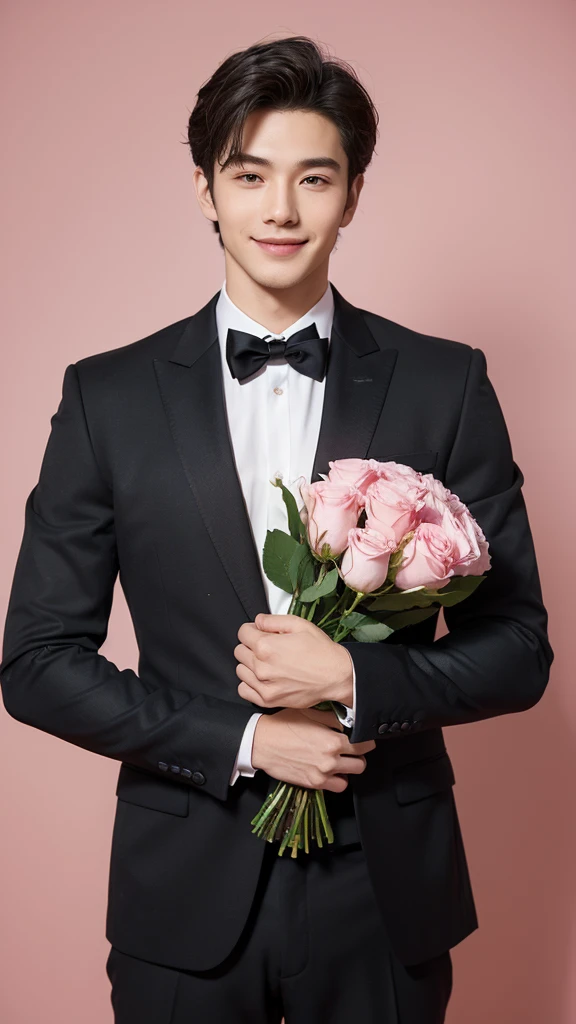 (hlaf body potraid:1.3),front view,cute,smile,Superior Quality, Masterpiece, beautiful hand,Ultra High Resolution,(Photorealistic: 1.4),Portrait of a handsome young man wearing black suit inside pink studio room with lots of flowers, he is holding a bundle of red roses to celetrate valentine's day,valentine style,plain background,front view