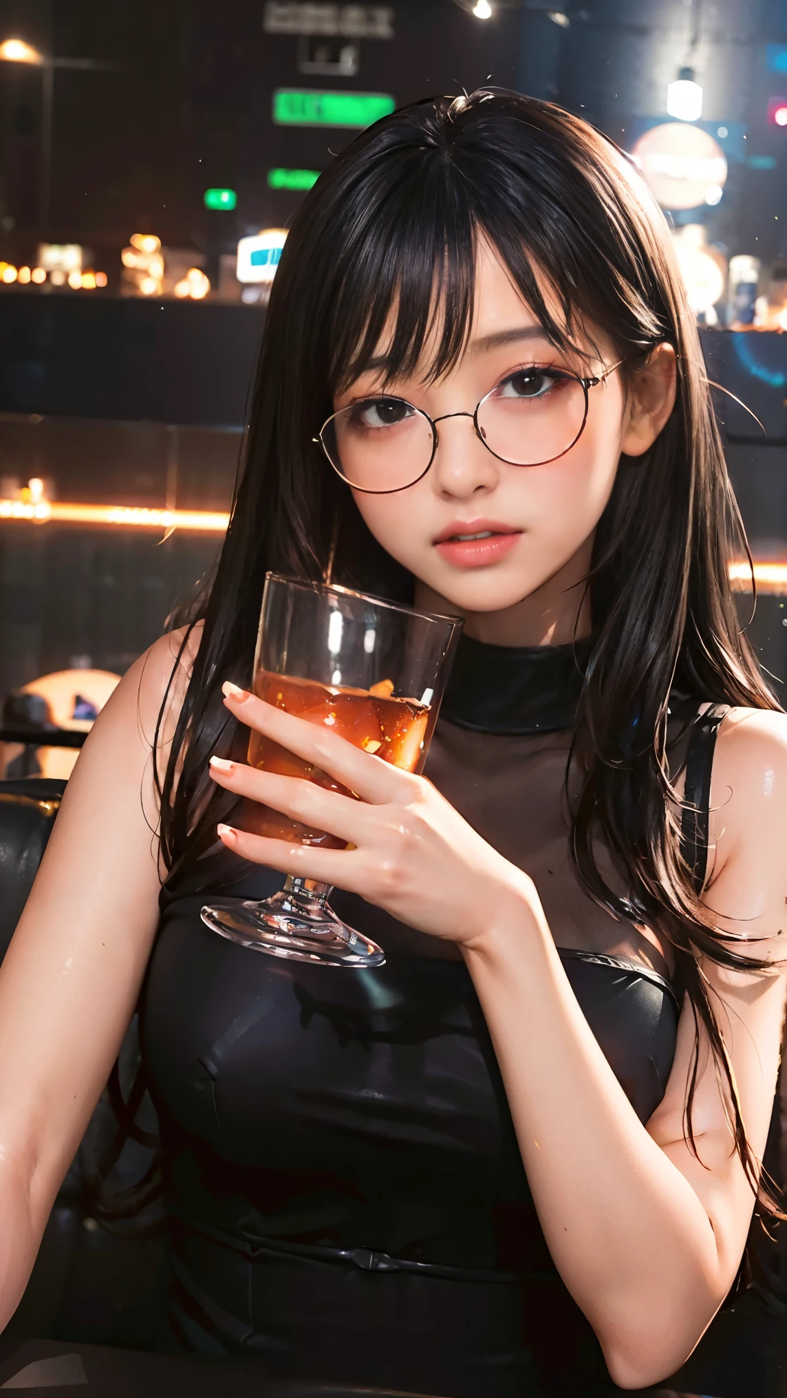 best quality, ultra-detailed, illustration,
sc1, scenery, night, lights, indoors, light, neon lights, couch, table,
1girl, glasses, black hair, long hair, black dress, drinking glass,