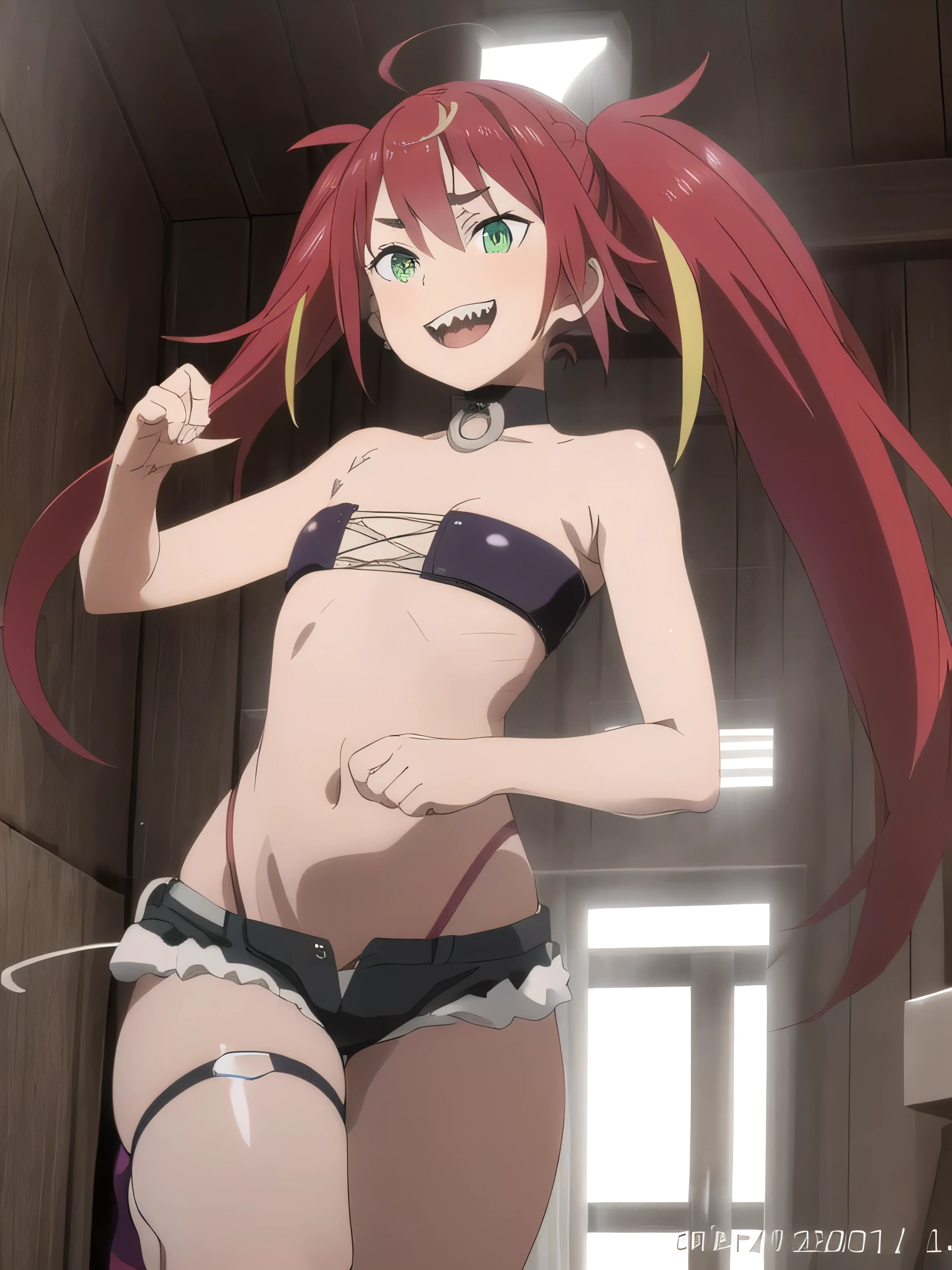 (masterpiece, best quality, intricate details, ultra details, ultra quality, highres, best shadow, best illumination, 4k)Mizarisa, small breasts, flat chest, jumps, pointed teeth, scream, red long hair, pig tails, detailed face, green eyes, grin, black bra with strings, open hotpants, park background:1.5, detailed background, warm lighting:1.5, colorful:1.5