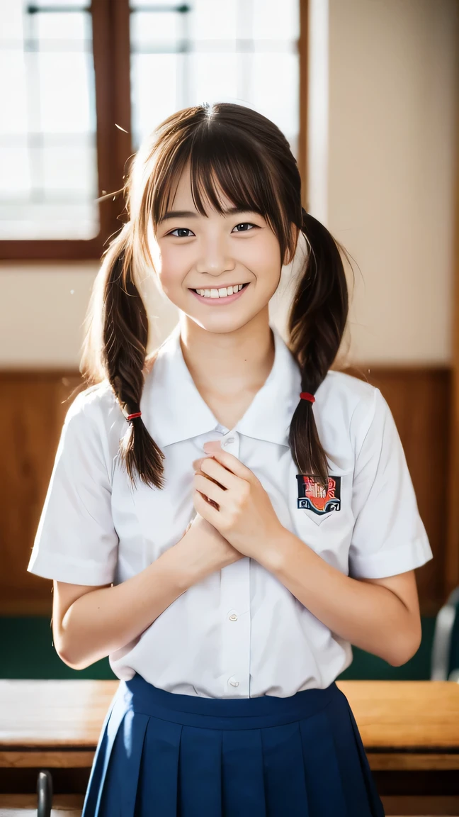 Lens 135mm f1.8, (highest quality),(RAW photo), , (Beautiful 18 year old Japanese girl), cute face, (deeply carved face:0.7), (freckles:0.6), , (japanese school half slveeves gymuniform), (inside the school in the classroom), shy, twintails, (cowboy shots of:1.2), (embarrassed smile),, (sparkling eyes)、hand on own chest, , standing, ,