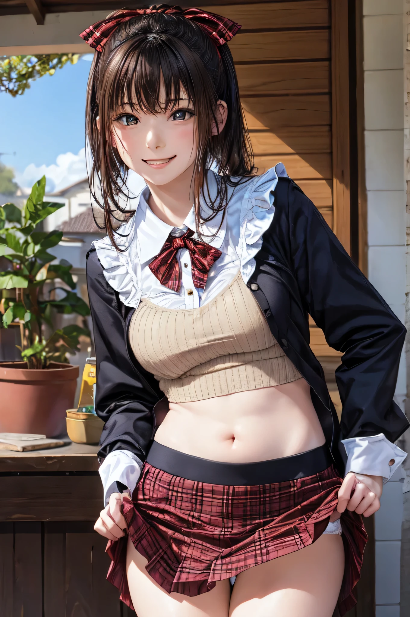 very cute and beautiful girl,(highly detailed beautiful face and eyes:1.2),(smile),blush,cowboy shot, (white blouse with detailed frills),long sleeve BREAK standing,(skirt lift,white panties), dynamic angle,hair ribbon,black hair,(scarlet plaid mini skirt) BREAK arbor in rose garden,wooden fence,distant trees, (best quality,masterpiece:1.2),absurdres,highres,ultra-detailed,extremely detailed,32k,8k resolution, intricate details,cinematic scene,detailed background,solo,dynamic angle,