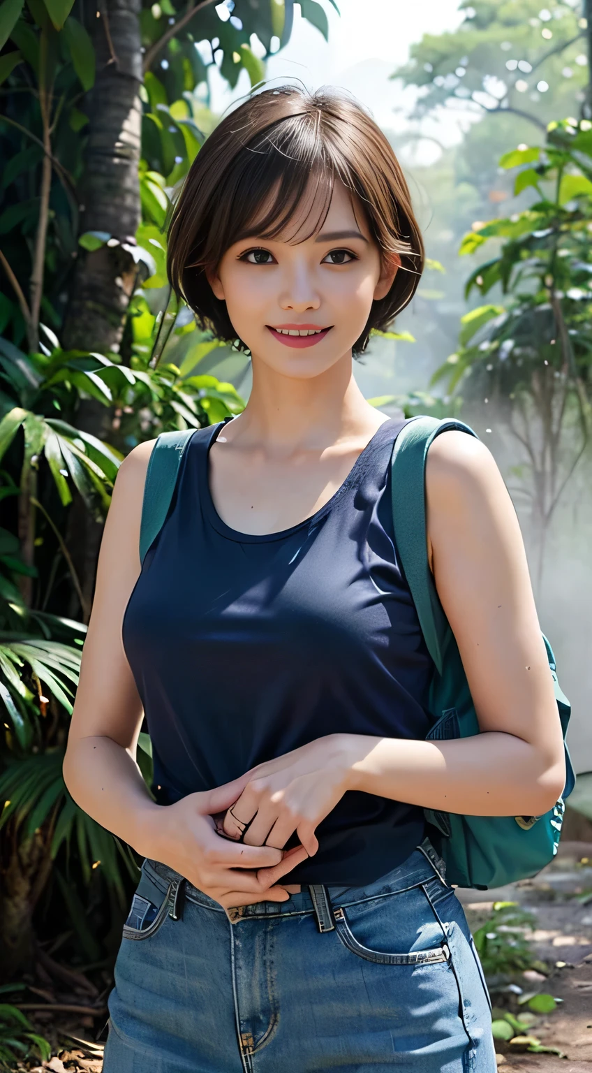 (8k,RAW Photos、RAW Photos、highest quality、Masterpiece:1.2)、1girl、1Middle-aged men、Very detailed、Super Resolution、((Misty jungle:1.4))、(Photorealistic:1.3)、((Cowboy Shot:1.4))、Clear depiction of light and shadow、High-resolution RAW color photos、Professional photos、(((natural Park:1.4)))、Draw faithfully to anatomy、Very detailed and beautiful、super high quality、((girl with short cut hair:1.4))、((Carrying a backpack:1.4))、((Dark blue tank top shirt:1.4))、((In the rainforest:1.4))、((Denim skirt that highlights your thighs:1.4))、Upper Body、((girl wearing a pochette on her shoulder:1.4))、((smile:1.4))、Adhesive plaster on the knee:1.7、