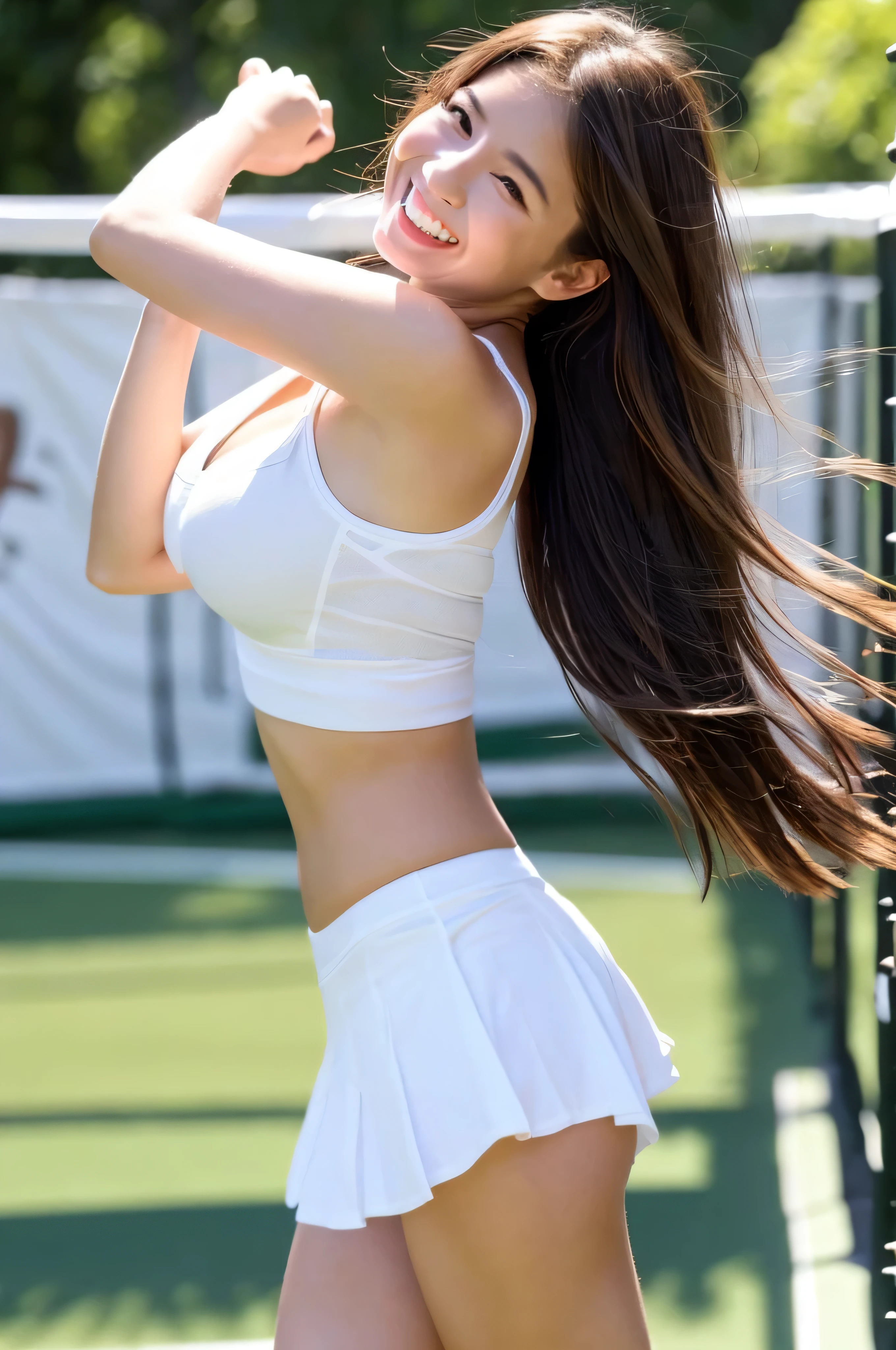 (8k, highest quality, masterpiece: 1.2), (Realistic, Realistic: 1.37), Very detailed, 1 girl, 18-year-old, White base、、White panties、Beautiful panties、She flips up her skirt to show the White base、big, beauty, cute, smile, alone, Tennis Wear, mini skirt, White base、Beautiful thighs、beautiful cameltoe、Tennis court, racket, Tennis ball, (Nose redness), (smile: 1.15), (Mouth open), Beautiful Eyes, (Long Hair: 1.2), Floating Hair Nova Frog Style, Upper Body