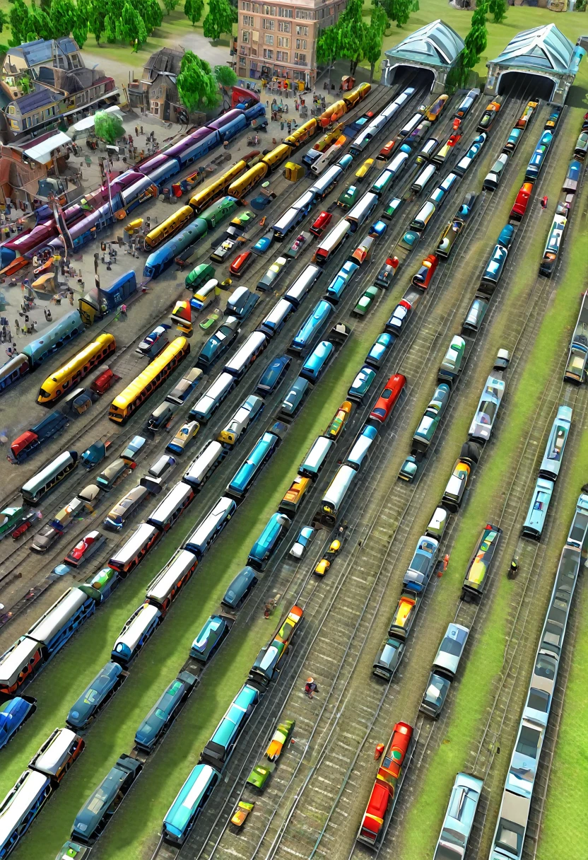 3d image to iron start a train in village a large building and many car jump a train in people.stay in light of a train in RR iver up to start a match in the system