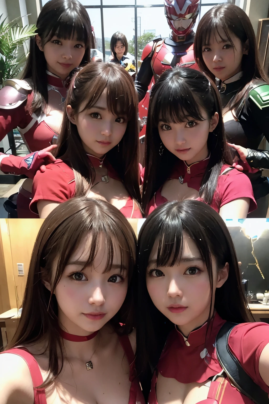 Outrageous resolution、hight resolution、(masterpiece:1.4)、ultra-detailliert、Crisp details、Dramatic and photorealistic pictorial art、Super Sentai Serieegaranger、Hero Mask、(reddish、verdant、A black、amarelo、pink there、Fivesome)Righteous heroes、Decide on a transformation pose、