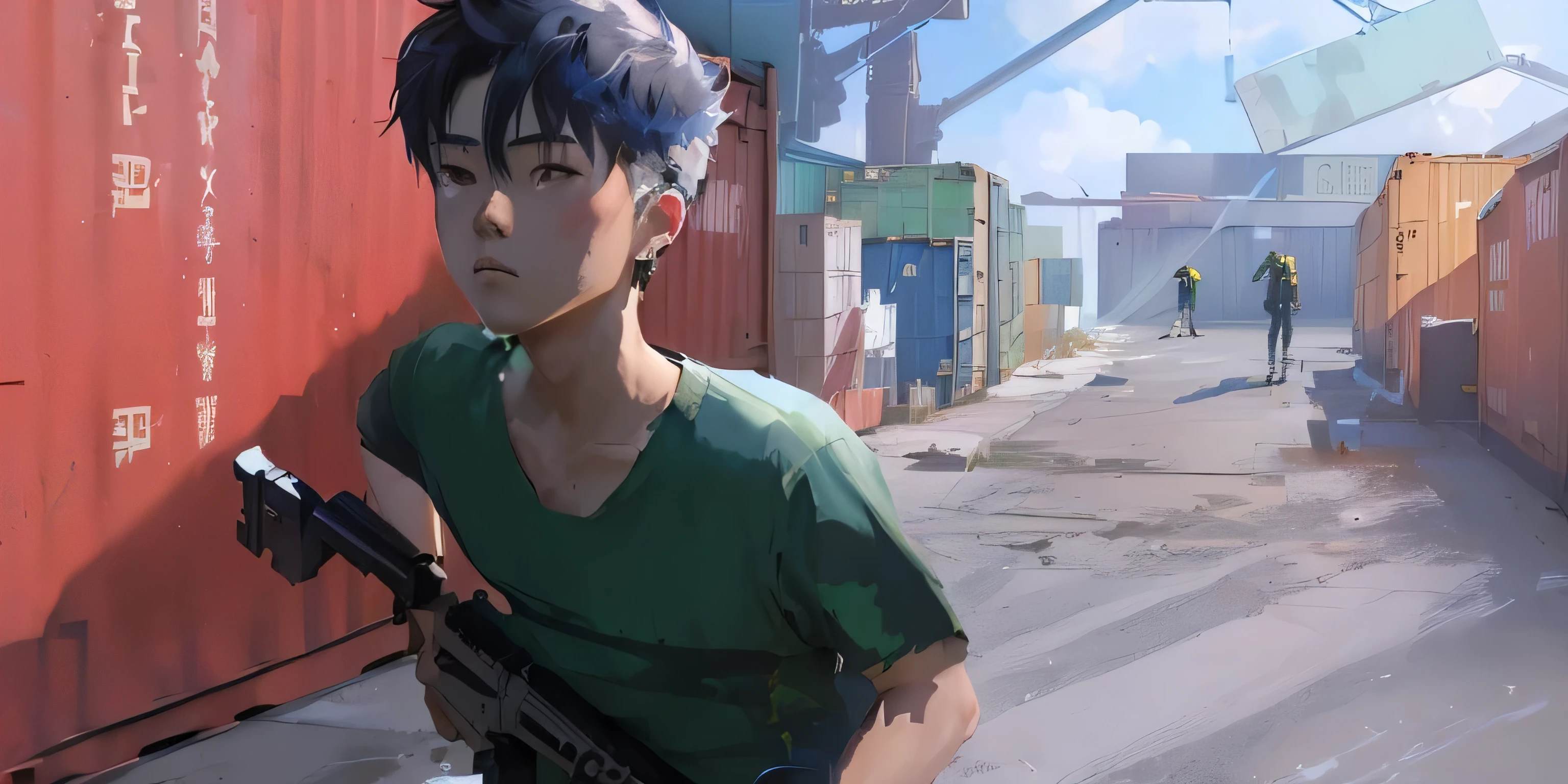 anime character with gun standing in front of a container yard, concept art of single boy, artwork in the style of guweiz, rob rey and kentaro miura style, inspired by Goro Fujita, painted in anime painter studio, digital painting concept art, painterly concept art, made with anime painter studio, inspired by Liam Wong