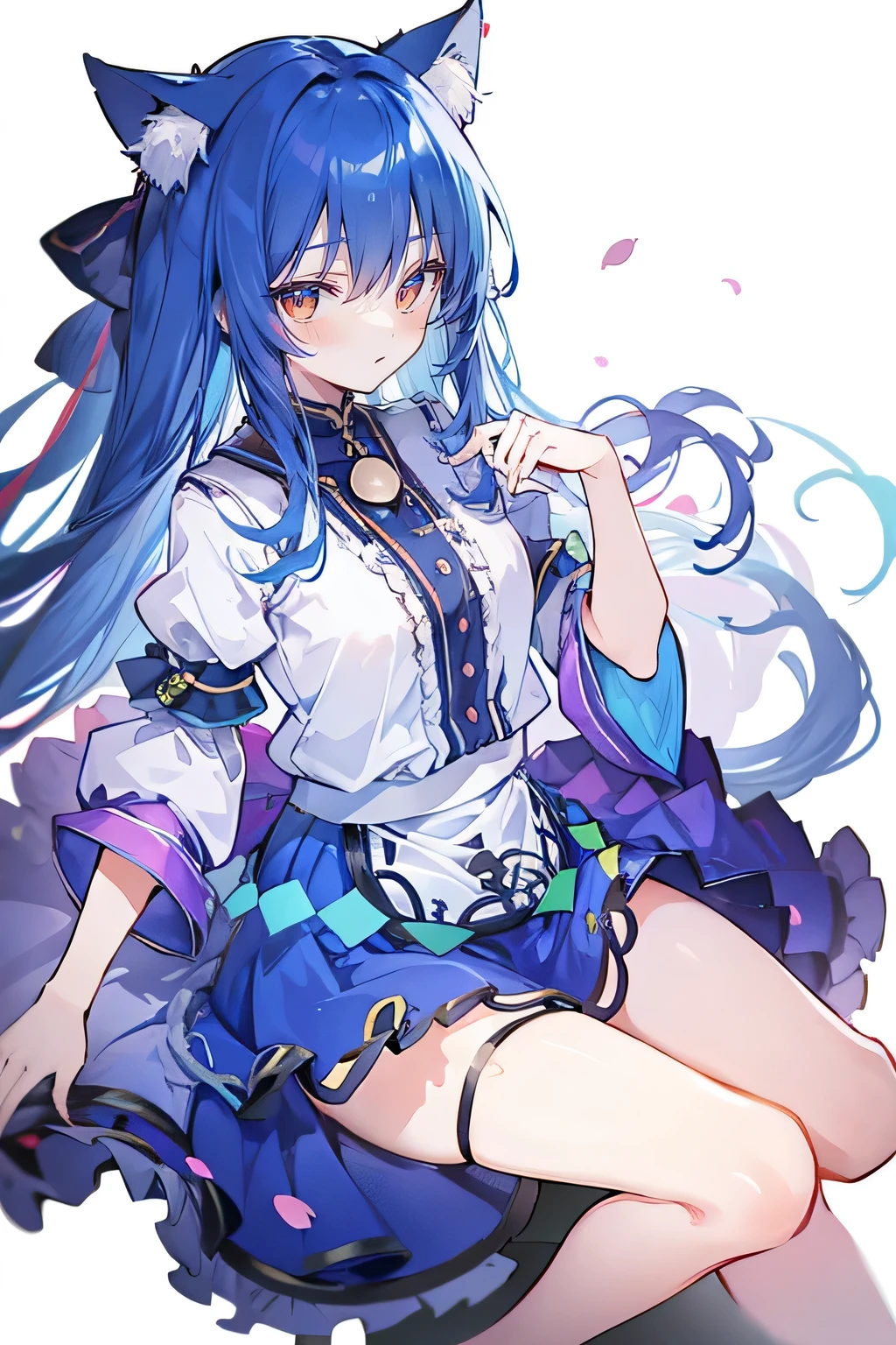 （masterpiece：1.2），Super detailed，lifelike，Expressive eyes，fair skin，perfect face shape，1 girl，
Japanese comics,Gorgeous blue hair,flowing blue hair,flowing clothes,Cat ears,Petals fall,beautiful lola,Baby Angel,
Shaking head with one hand，Lying gracefully on the ground，Cross your legs，Gentle and peaceful background，The pavilion is cool and comfortable,smile.