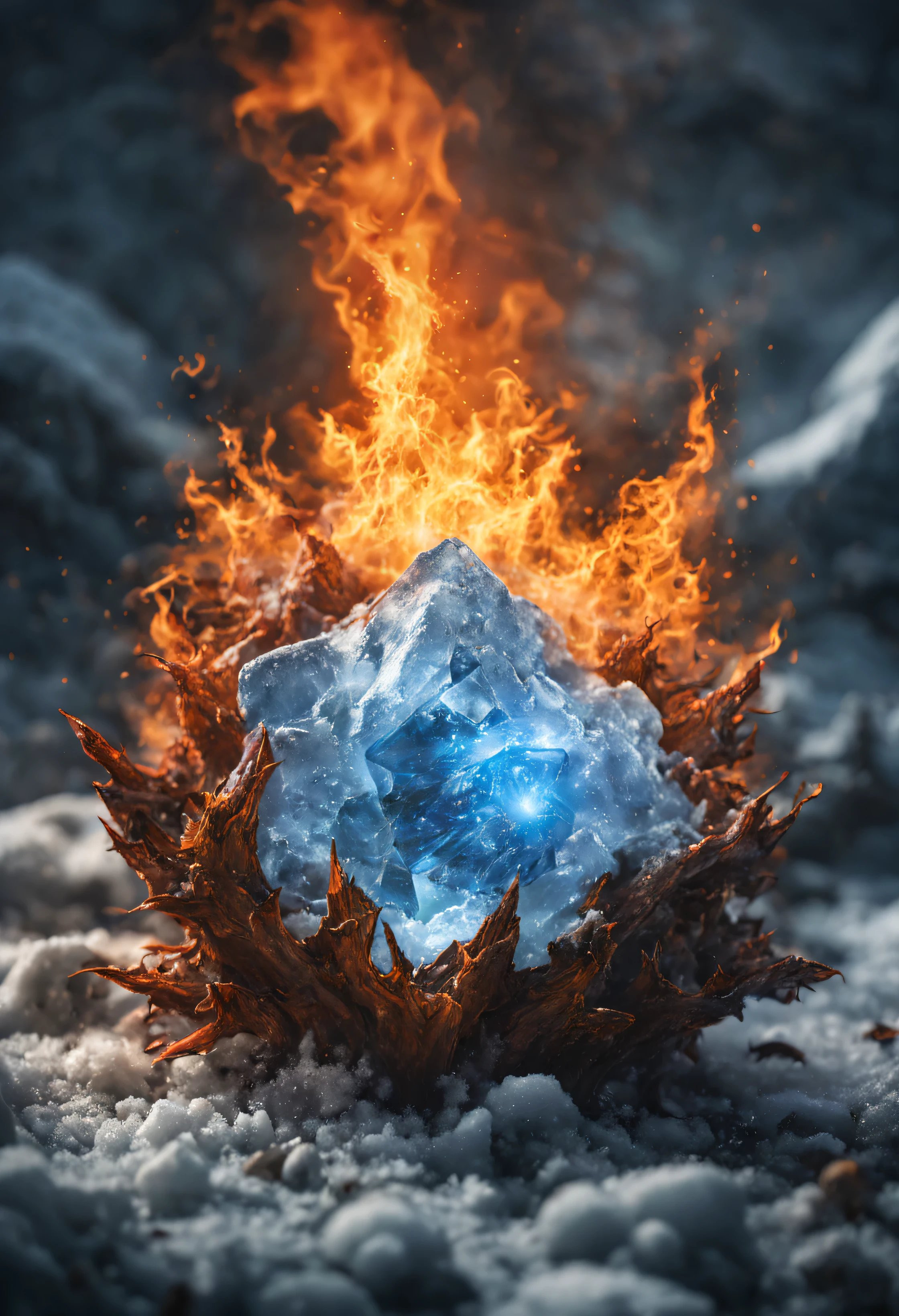 ice and fire, forces of nature in clash, in the center of the image a seed