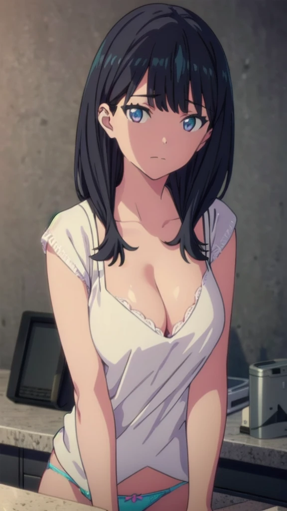 (((Pixel Perfect, Perfect detail))), ((alone, 1 girl)), rikka takarada, , looking at viewer, closed mouth, ((cleavage)), ((cleavage)), (showing panties:1.3), ((showing panties)), upper body, indoor