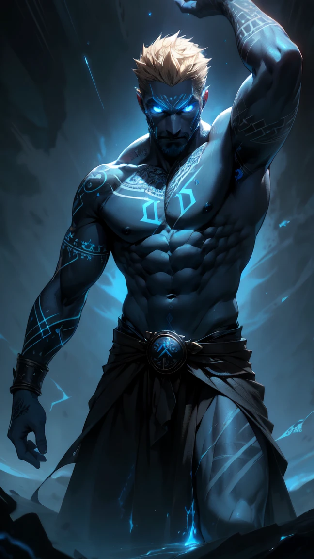 (masterpiece, realistic, best quality, (beautiful and aesthetic:1.4), extremely detailed), (dark fantasy:1.4) (rough male dark mage, (35 years old), short blond hair, unshaved, blue eyes), ((glowing incarnate runic pattern tattoos on arms:1.5)), covered in scars, sleeveless, ((demonized hand, detailed glowing eyes)), (in underworld, hell, dark scene), dynamic pose, standing in dark shadow, (dark blue theme:1.3), (blue energy magic swirling around:1.3), cinematic lighting, dark blue glow, glowing cracks, detailed face, (detailed weathered skin), (solo:1.3), (1boy:1.4),  cracked skin, shattered skin, fractured skin, broken skin, r1ge, GlowingRunes_paleblue, (elegant, intricate, digital photography, high quality, CG, 4k, extremely detailed, sharp, HDR),